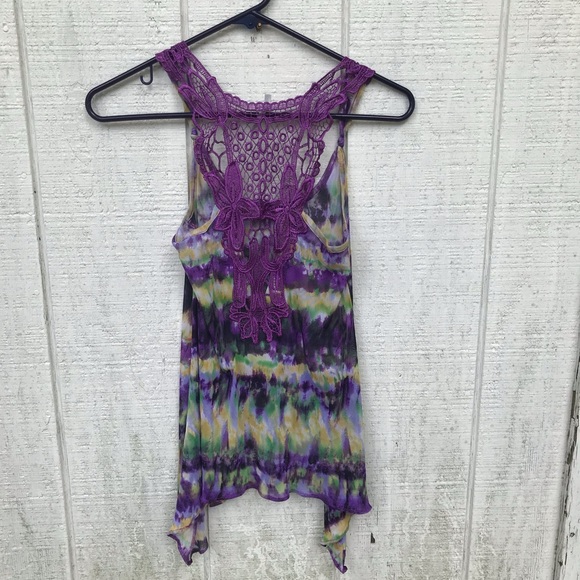 Semi sheer tie dyed crocheted back tank - Picture 5 of 14